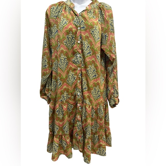 Boho silk Green and Orange Midi Dress - Picture 5 of 8